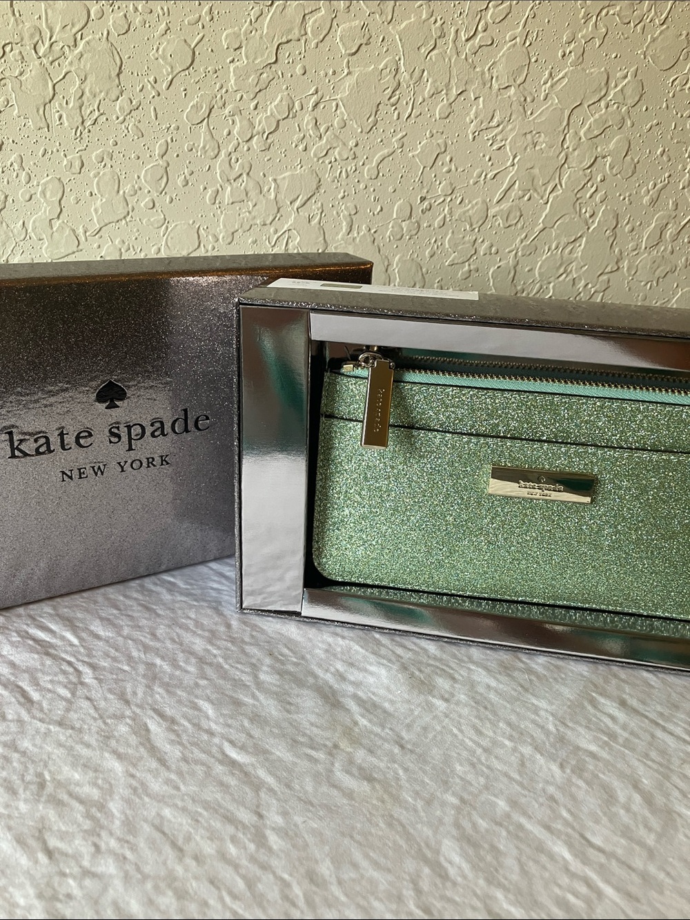 kate spade: Seawater (KK320) Kenzie Glitter Zip Wallet- Gold Tone- IOB